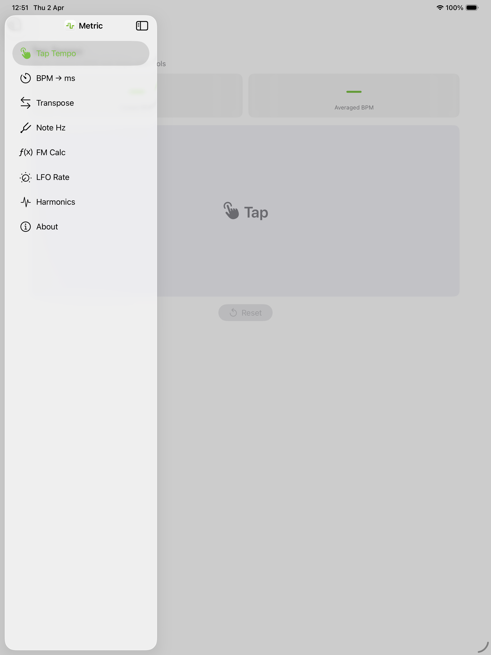 Tap Tempo with sidebar on iPad in portrait